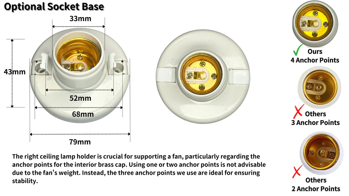 Optional Socket Base for a ceiling lamp, showing dimensions and anchor points.
