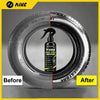 Before and after comparison of tire shine spray on a tire surface.
