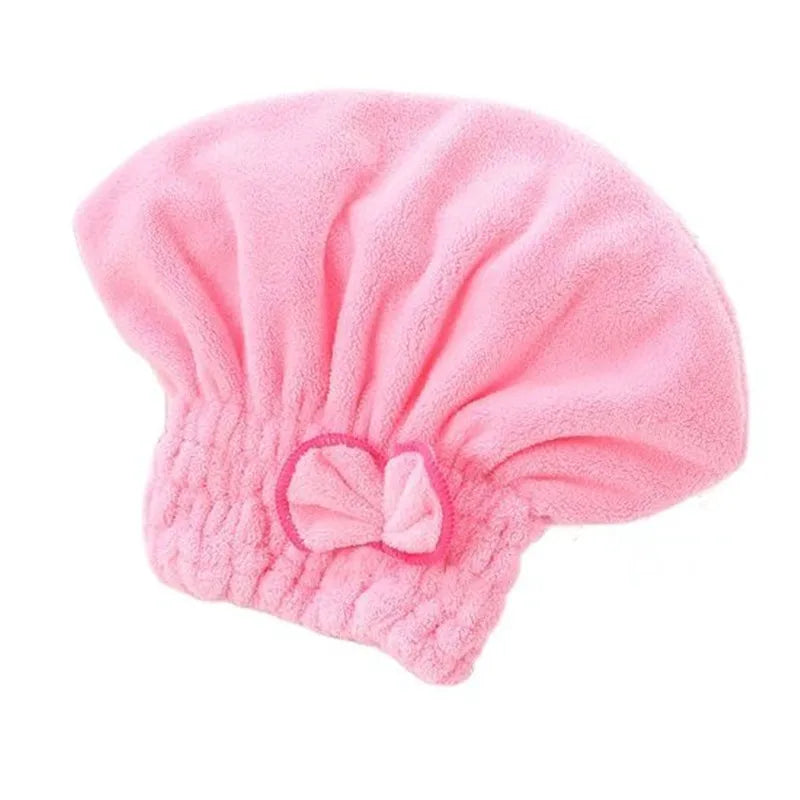 Pink microfibre quick-dry hair towel wrap with a bowknot