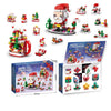 A set of Christmas advent calendar building blocks featuring Santa Claus and festive holiday scenes.