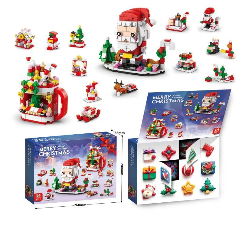A set of Christmas advent calendar building blocks featuring Santa Claus and festive holiday scenes.