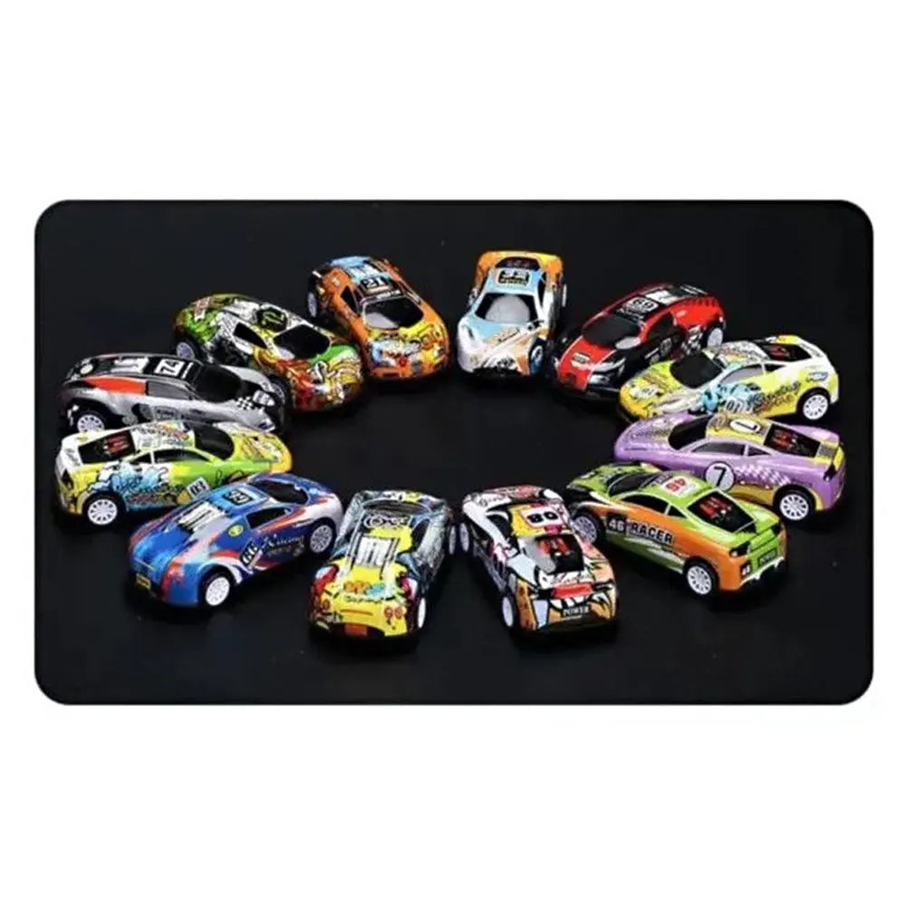 A collection of ten die-cast pull-back cars in various colors and designs arranged in a circle on a black surface.