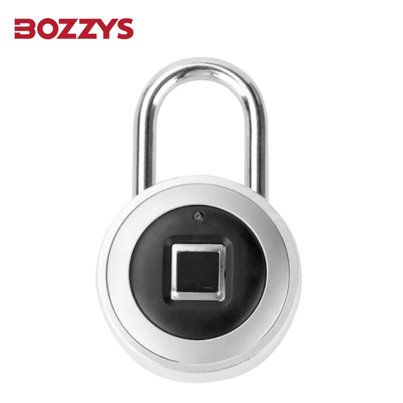A silver fingerprint pad lock with a round body and a square indentation for touch-to-unlock security.
