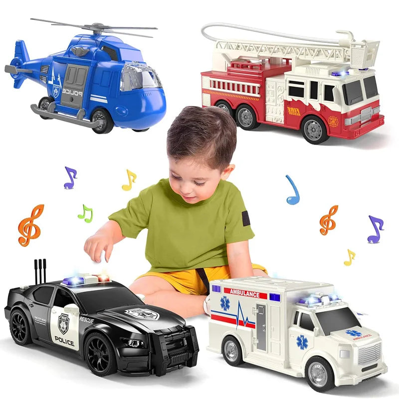 Friction Powered Emergency Vehicle Toy Set with Lights and Sounds