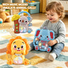 A child plays with a musical animal piano toy that simulates animal calls and lights.