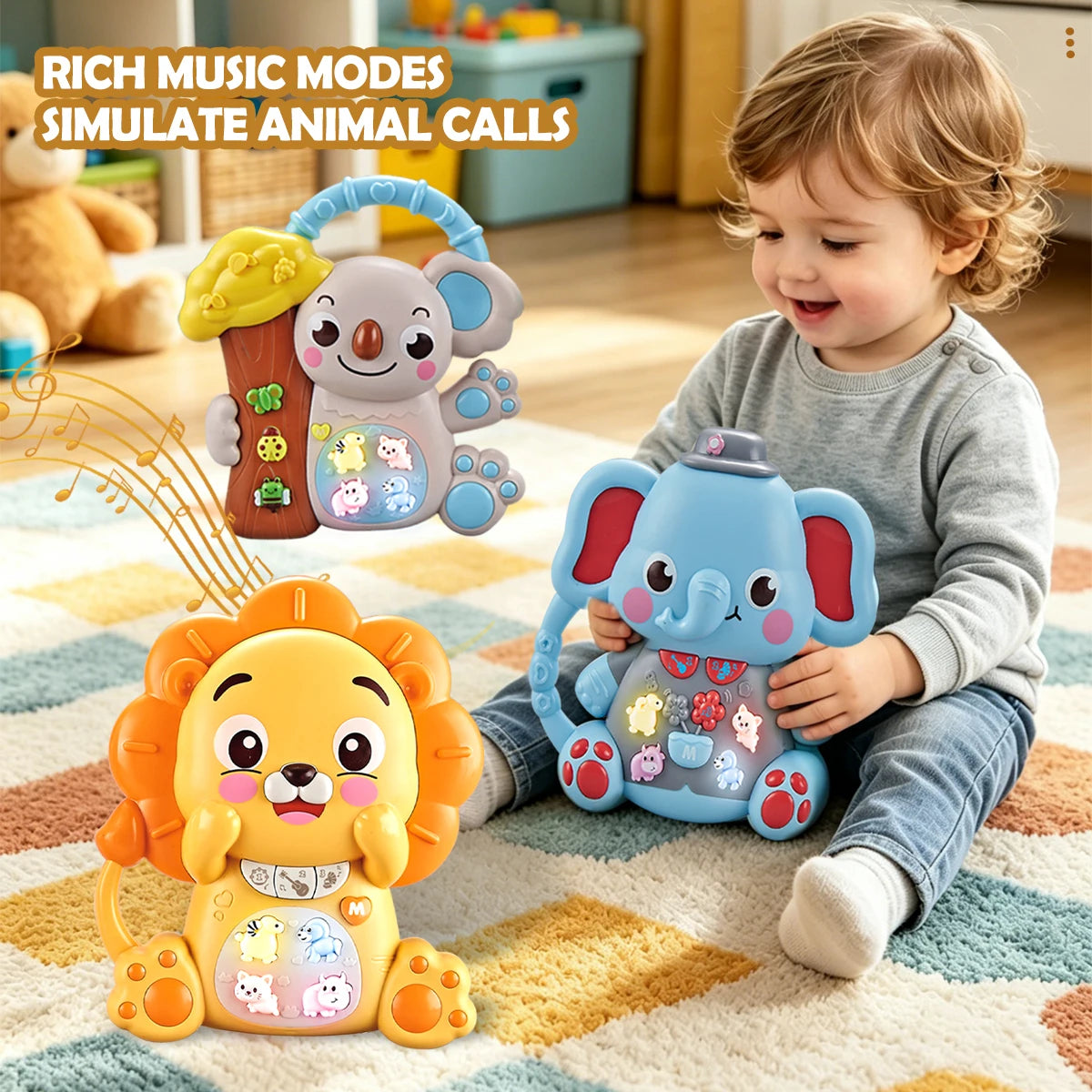 A child plays with a musical animal piano toy that simulates animal calls and lights.