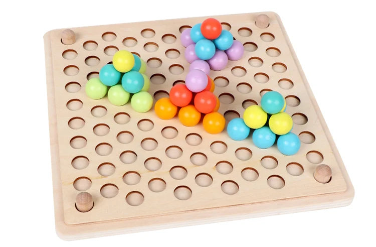 A wooden bead maze puzzle with colorful plastic beads arranged in holes on a light wood board.