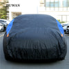 Black all-weather waterproof car cover with blue accents shown on a vehicle.