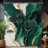 A shower curtain featuring a bold black and white design with marbled green tones and gold accents.