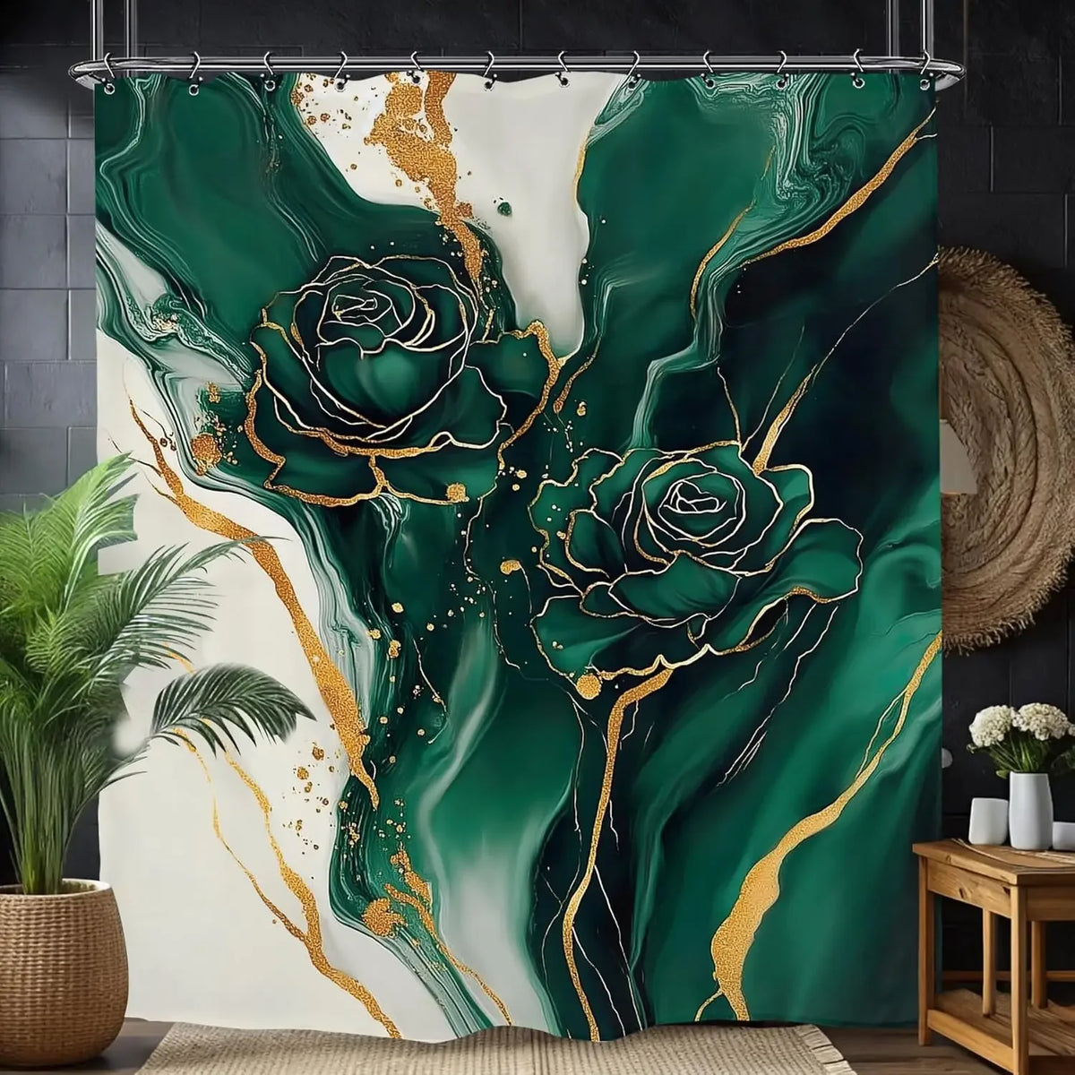 A shower curtain featuring a bold black and white design with marbled green tones and gold accents.