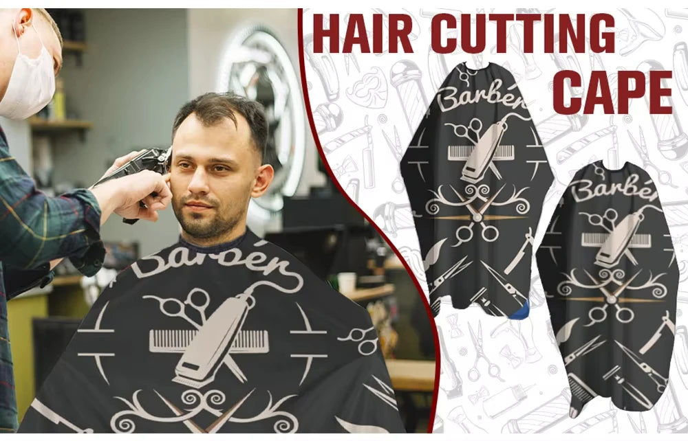A black waterproof hair cutting cape with a barber theme is shown in a professional salon setting.