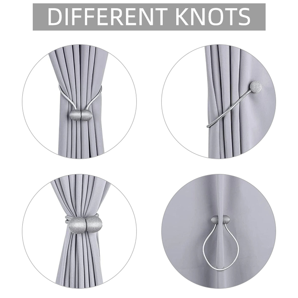 Quatre nœuds de ruban magnétiques minimalistes en forme de boule, montrés dans divers styles et angles.