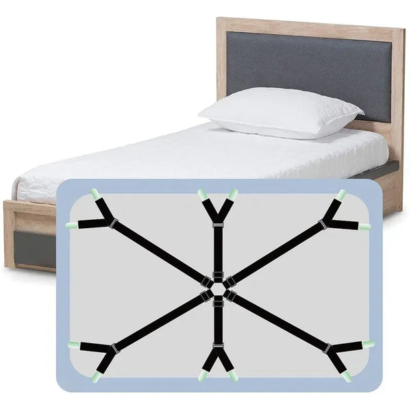 Un ensemble de housses de lit élastiques réglables et de clips de couverture sur un cadre de lit en bois clair.