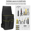 Black adjustable waist tool pouch with multiple pockets for holding hammers, wrenches, and other tools