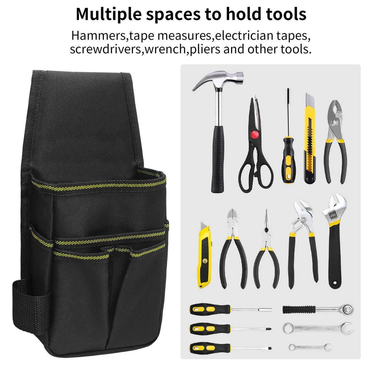 Black adjustable waist tool pouch with multiple pockets for holding hammers, wrenches, and other tools