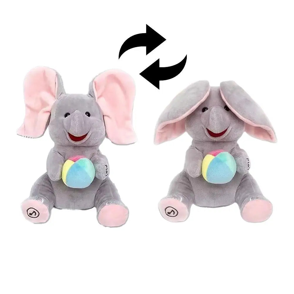 A gray elephant plush toy with pink ears and a colorful ball, shown from the front and back.