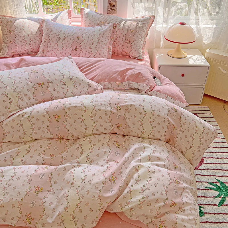 Floral Print 100% Cotton Duvet Cover Set with Two Pillow Shams