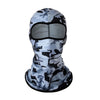 A camouflage patterned windproof full face balaclava covering the face and neck.