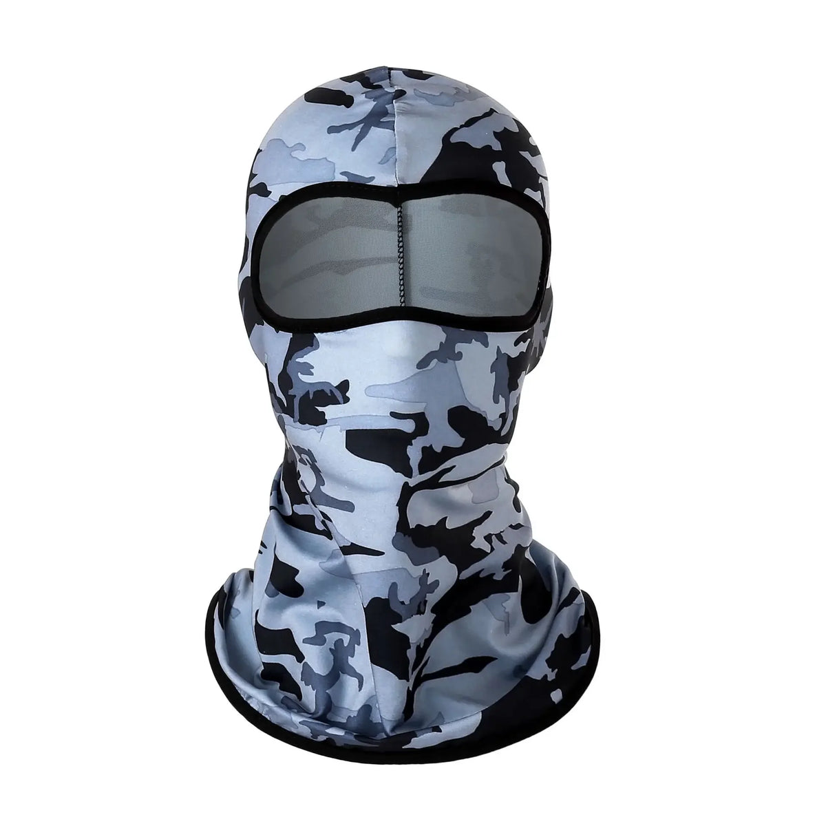 A camouflage patterned windproof full face balaclava covering the face and neck.