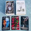A collection of oracle cards titled Spill Tea featuring various themes like pushing boundaries and spilling tea