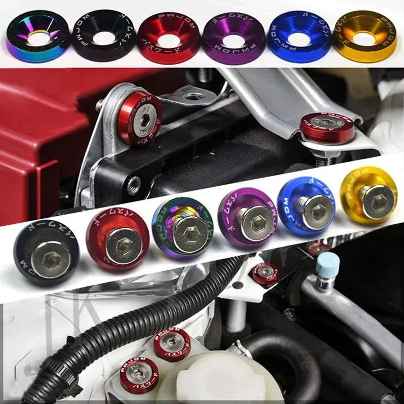 A collection of ten M6 fender washer bolts in various colors including black, red, purple, blue, and gold aluminum alloy.