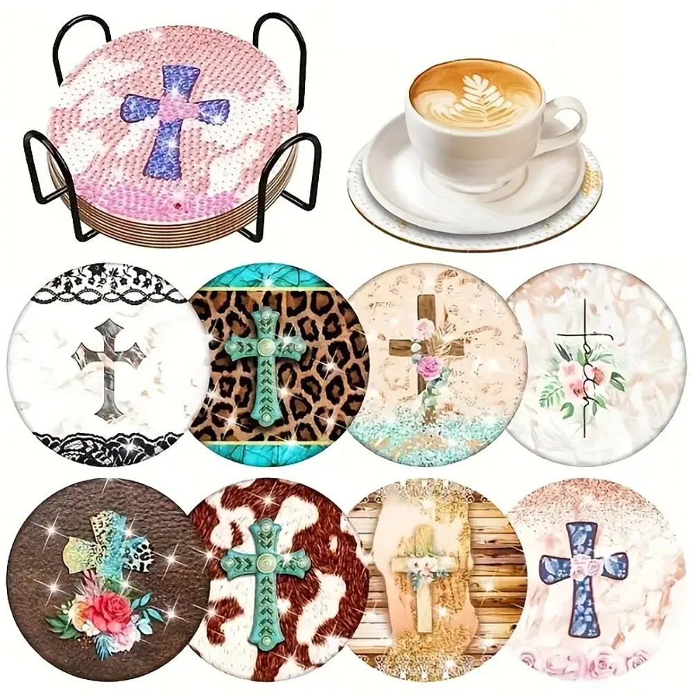 A set of DIY diamond painting coasters featuring various floral and cross designs on round tiles with metal holders.