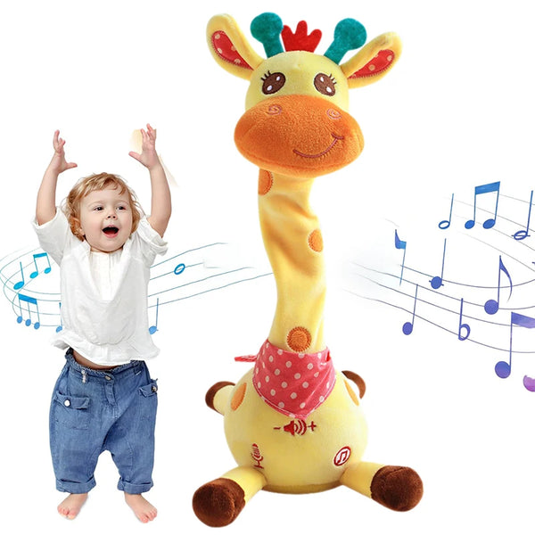 A yellow dancing talking giraffe plush toy with pink accents and musical notes.