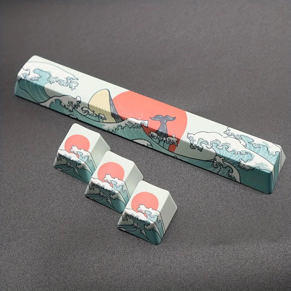 A long, rectangular PBT keycap featuring a design of waves and a rising sun in coral sea colors.