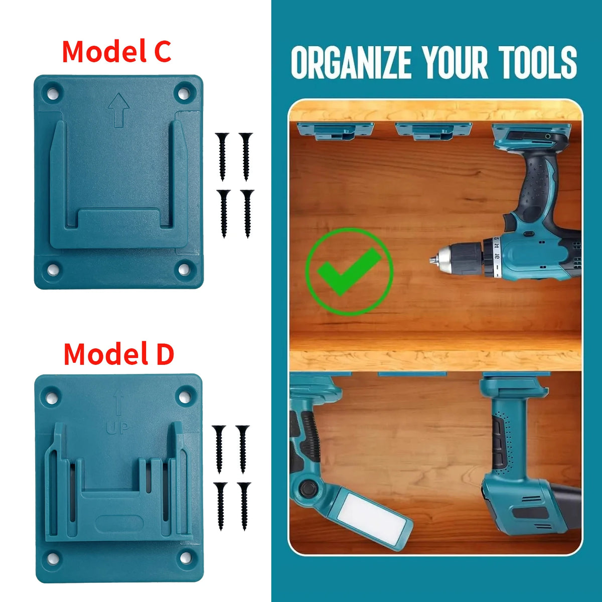 Diagram showing Model C and Model D wall-mount holders for organizing Makita tools.