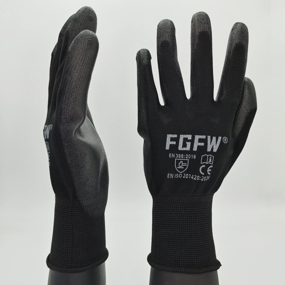 A pair of black breathable PU-coated work gloves shown against a light gray background.
