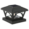A black solar post cap light with a glass enclosure and solar panel, designed for outdoor lighting.