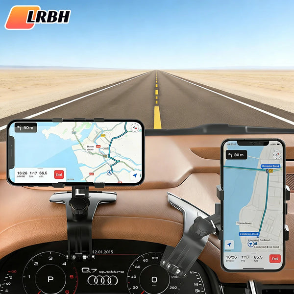 A dashboard phone mount is shown in a car interior, displaying a map on a smartphone screen.