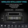 A black wireless intelligent TPMS device displaying tire pressure and temperature readings.