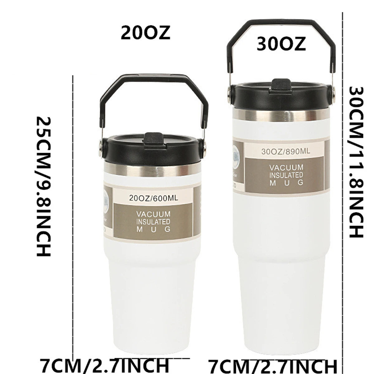 A white vacuum insulated mug with a black handle and lid shown in two sizes, 20oz and 30oz.