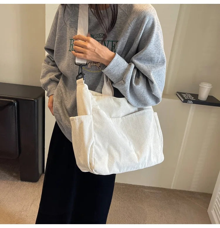 Multi-Pocket Corduroy Tote Bag – Large Capacity Casual Satchel for Travel, Work & Commute