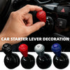 A hand is decorating a car starter lever with a red button cover, showing various colored and patterned options.