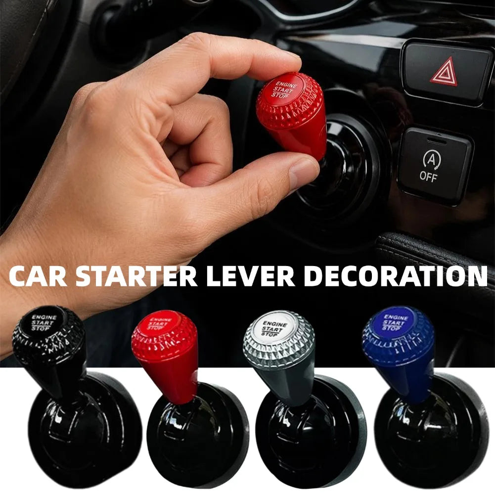 A hand is decorating a car starter lever with a red button cover, showing various colored and patterned options.