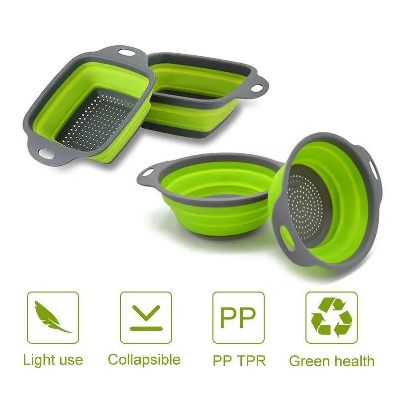 Un ensemble de deux paniers de drainage en silicone pliable vert lime et gris.