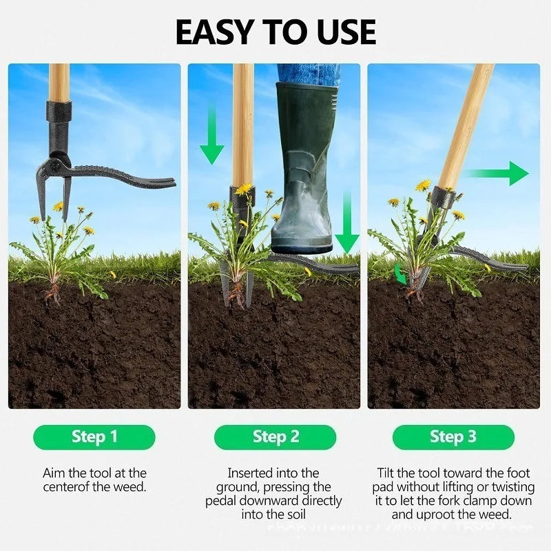 Three steps show how to use a No-Bend Standing Weed Puller by inserting the tool into the ground and uprooting weeds.