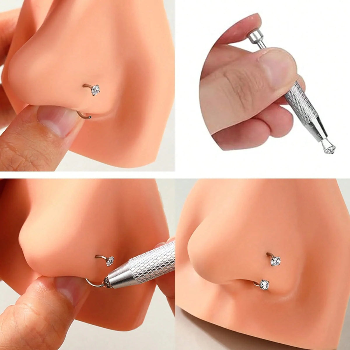 A stainless steel ball grabber tool is shown being used to pierce a nostril on a realistic skin model.