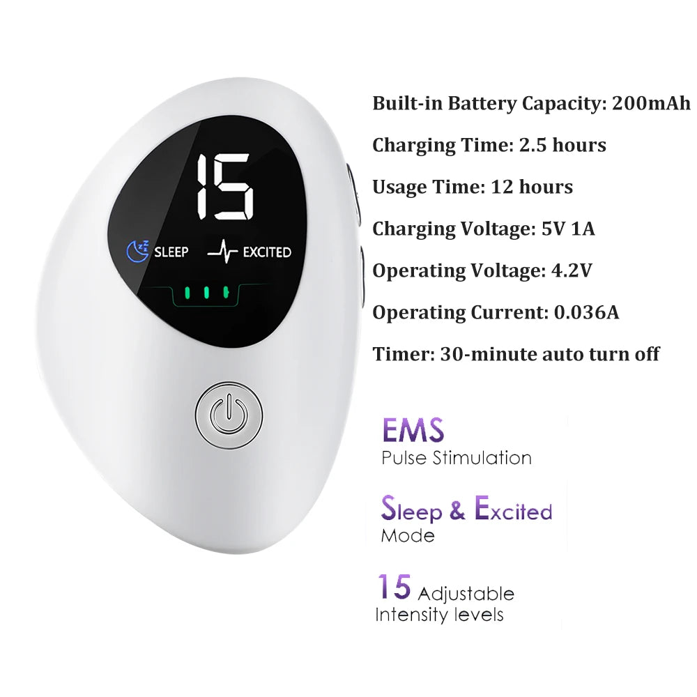 A white handheld device for sleep and relaxation, featuring an LED display and power button.