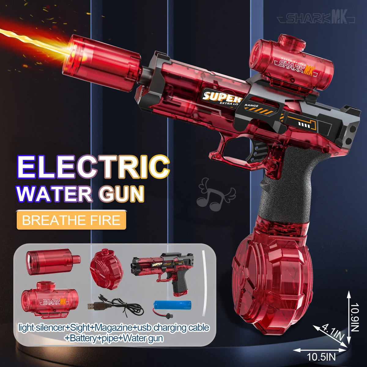 Rote elektrische Wasserpistole mit Flammen-Effekt, Zubehör und Ladekabel.