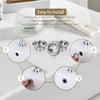 A set of four chrome-plated sink overflow covers shown in various installation stages on a white countertop.
