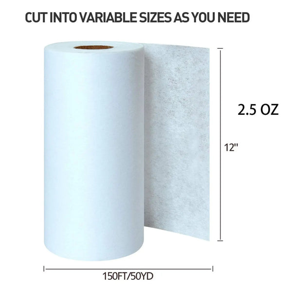 Roll of white embroidery stabilizer with a 12-inch width and 2.5 oz weight, sold in a 150ft/50yd length.