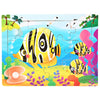 A colorful wooden jigsaw puzzle featuring a yellow fish with black stripes swimming in blue water.