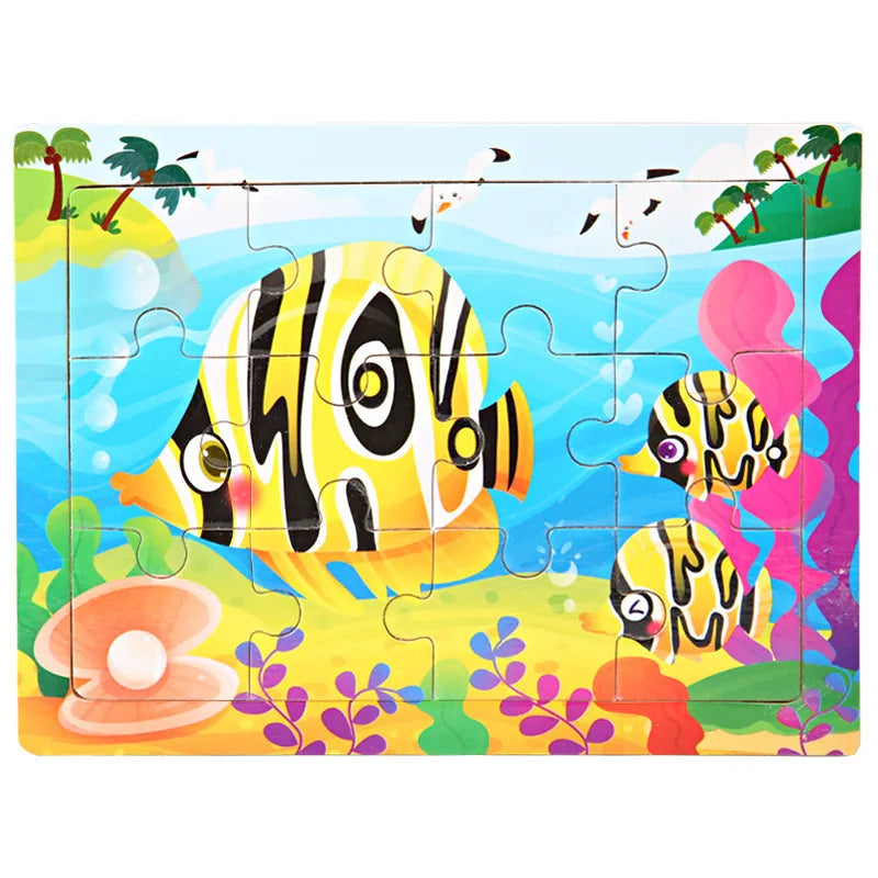 A colorful wooden jigsaw puzzle featuring a yellow fish with black stripes swimming in blue water.