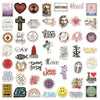 A collection of faith bible verse stickers featuring phrases like Jesus saves and God is my refuge