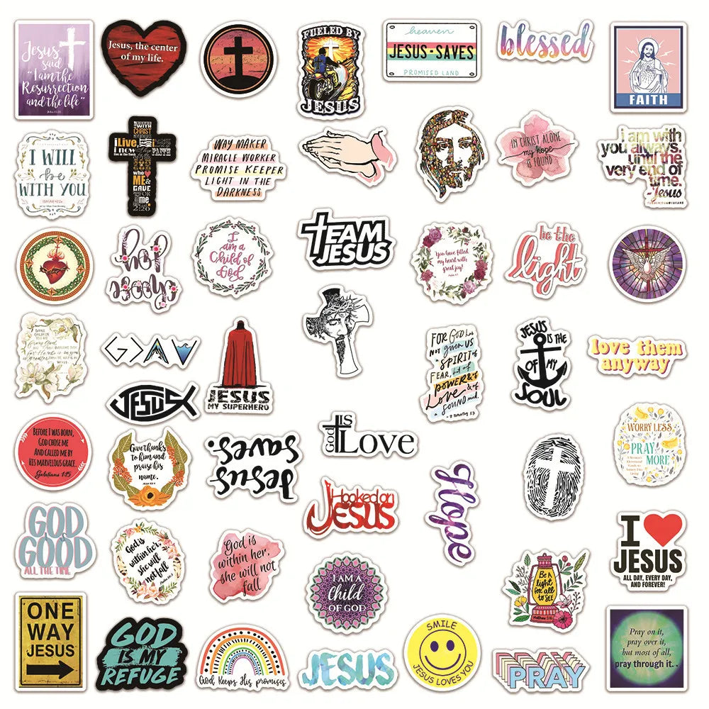 A collection of faith bible verse stickers featuring phrases like Jesus saves and God is my refuge
