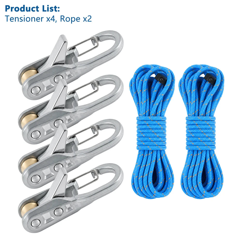 Set of four heavy-duty metal tensioners and two blue reflective nylon ropes