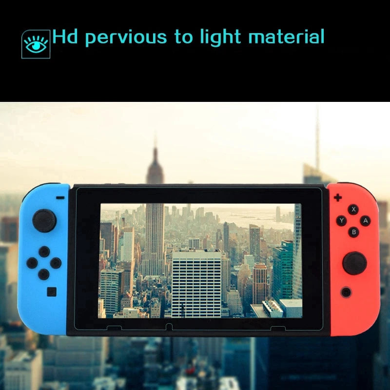 A close-up of a Nintendo Switch console with an HD impervious light material screen protector displayed on the screen.